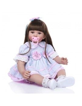 24" Beautiful Simulation Baby Long Hair Girl Wearing Blue Purple Plaid Skirt Doll