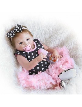[US-W]23" Beautiful Full Simulation Silicone Baby Girl Reborn Baby Doll in Dots Pattern Dress