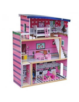 [US-W]Sweet  Wooden Pretend Play House Doll Dollhouse with Furniture