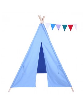 [US-W]Indian Tent Children Teepee Tent Baby Indoor Dollhouse with Small Coloured Flags roller shade and pocket Blue