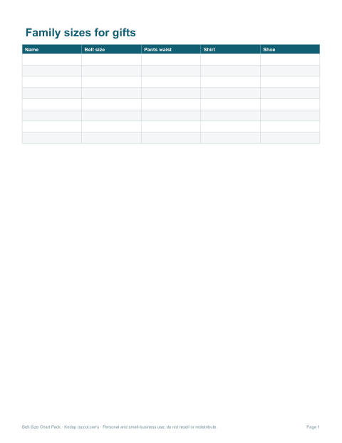 Preview of the first page of Gift size card (PDF/DOCX)